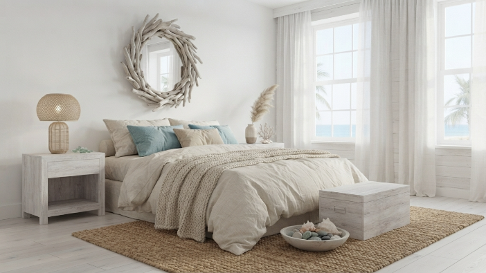 Coastal decor bedroom with whitewashed furniture and linen textiles