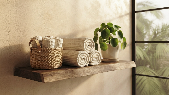 Bathroom decor storage shelf with woven baskets and towels