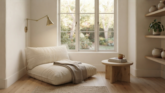 Small apartment cozy reading nook idea using a floor cushion and wall-mounted light